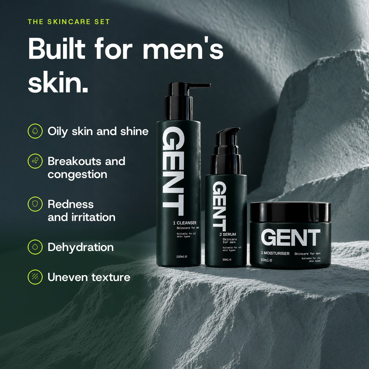 The GENT Skincare Set is built for men's skin: oily skin and shine, breakouts and congestion, redness and irritation, dehydration and uneven texture.