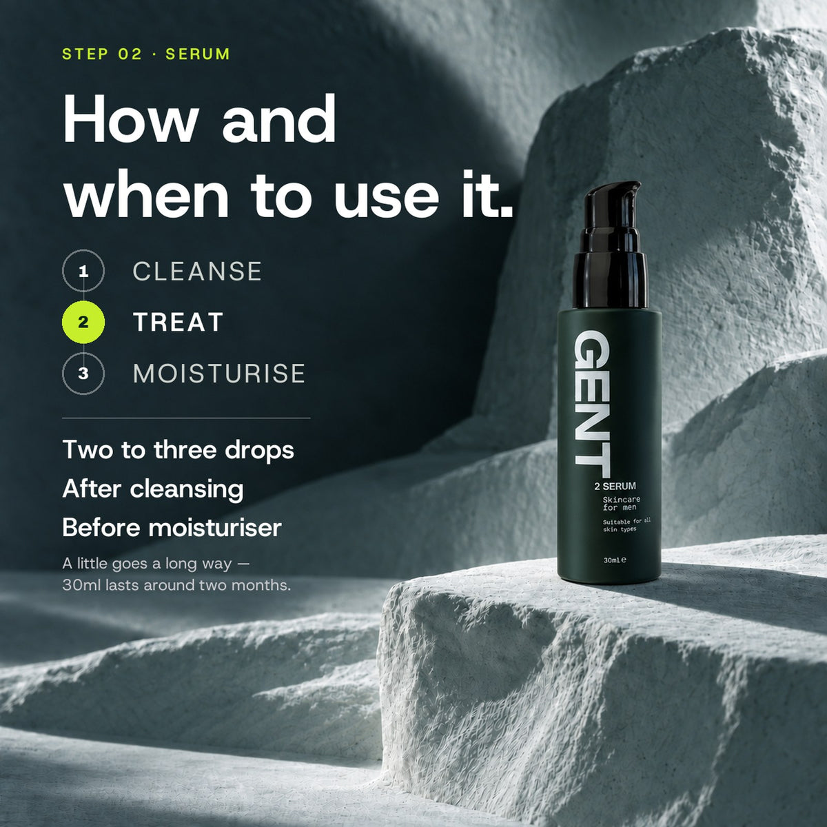 How to use the GENT Face Serum: two to three drops after cleansing, before moisturiser. Step two of the three step routine.