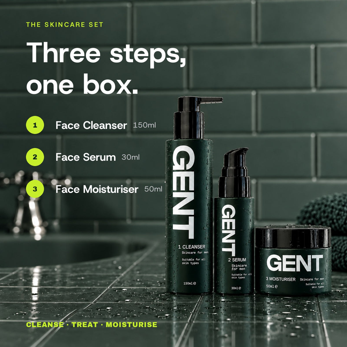 What is in the GENT Skincare Set: Face Cleanser 150ml, Face Serum 30ml and Face Moisturiser 50ml.