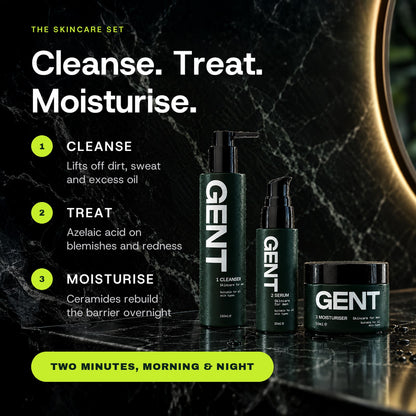 The GENT three step routine: cleanse to lift off dirt, sweat and excess oil, treat with azelaic acid, moisturise with ceramides. Two minutes, morning and night.