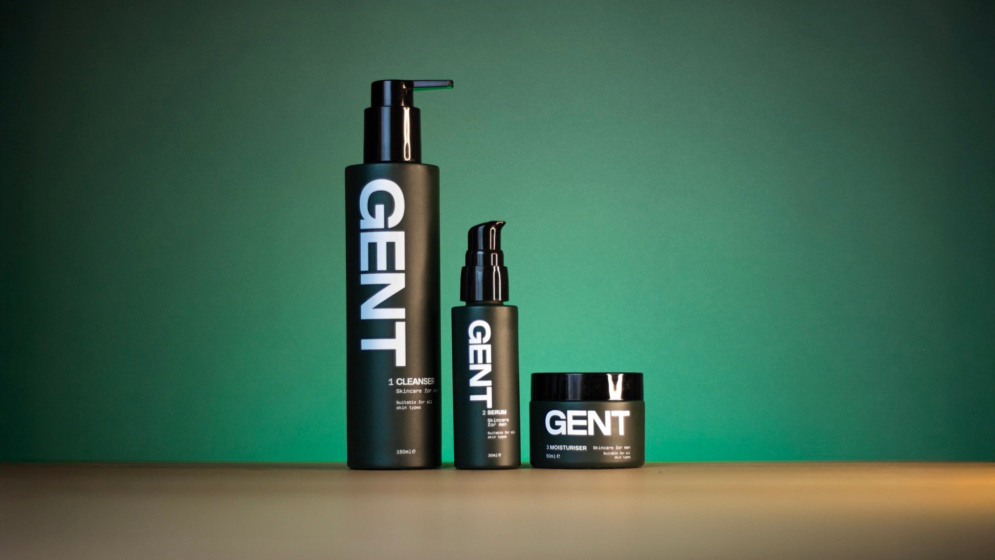 The GENT three step routine: cleanser, serum and moisturiser